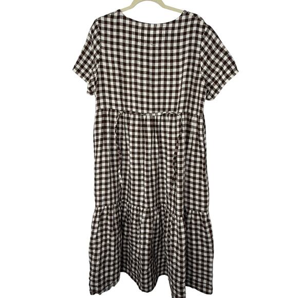 Not Perfect Linen Brown Gingham V-Neck Button Front Linen Midi Dress L - Picture 4 of 10